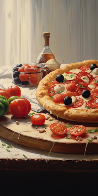 delicious whole italian pizza on a wooden table with ingredients traditional italian food