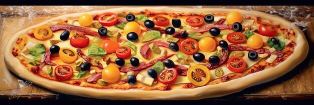 delicious whole italian pizza on a wooden table with ingredients traditional italian food