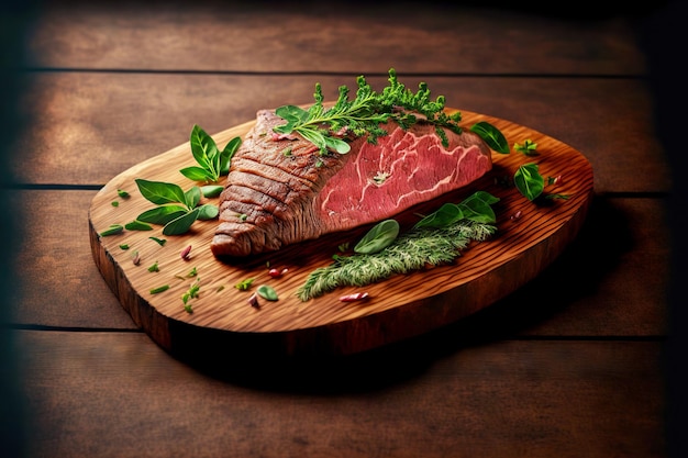 Delicious whole piece of pink flank steak decorated with greenery on wooden table