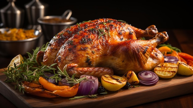 Delicious whole roast chicken served on the table