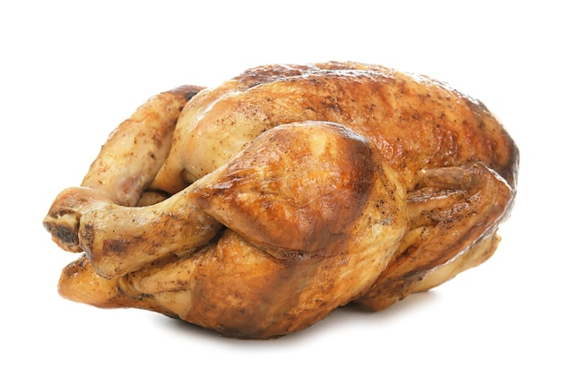 Delicious whole roasted chicken on white background