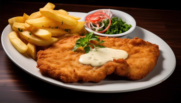 Delicious Wiener Schnitzel classic Austrian dish with fries food photography