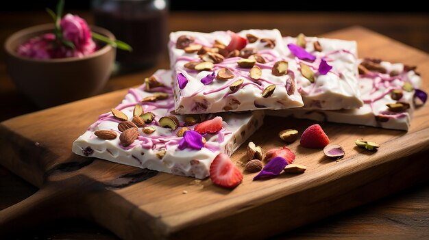 Photo delicious yogurt bark dessert on wooden board