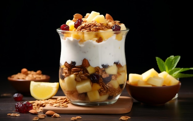 Delicious Yogurt Granola Parfait with Sliced Nuts and Fresh Pine Generative AI