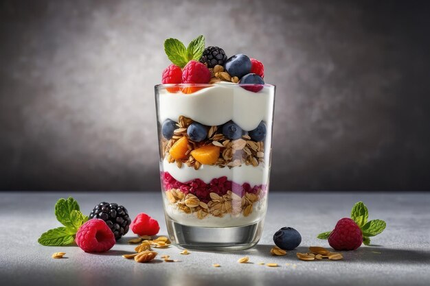 Delicious yogurt parfaits with fruits and oats