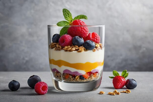 Delicious yogurt parfaits with fruits and oats