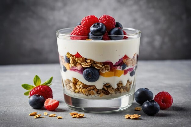 Delicious yogurt parfaits with fruits and oats