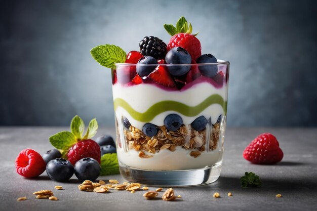 Delicious yogurt parfaits with fruits and oats