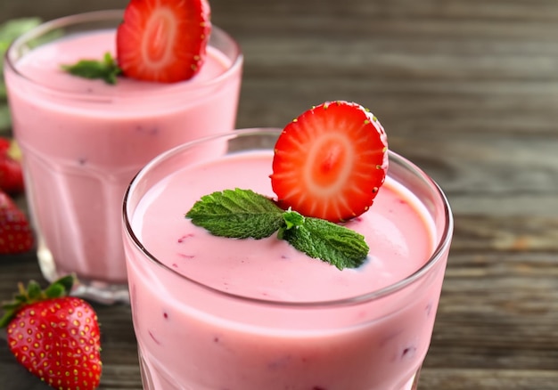 Delicious yogurt smoothie with strawberry on wooden background