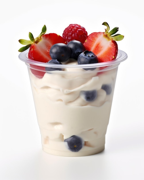 Delicious Yogurt with Fresh Strawberries and Berries in a Plastic Cup AI Generated