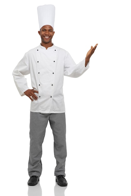 Delicious A young chef gesturing against a white background