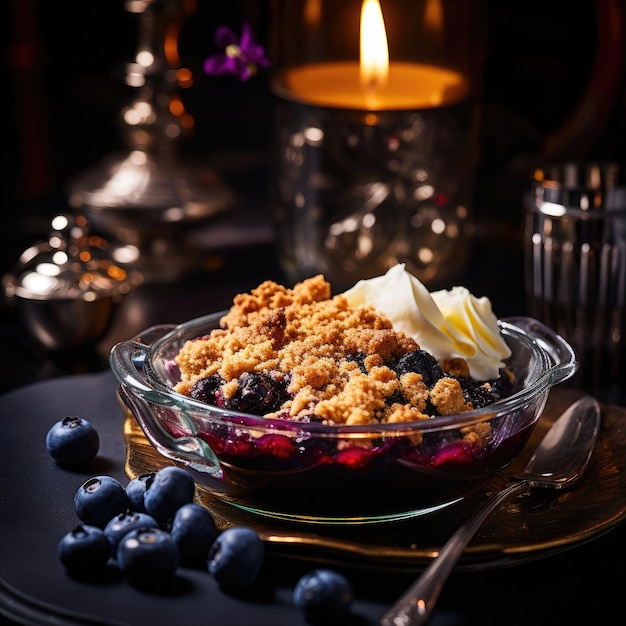 Photo delicious and yummy blueberry crunch dump cake with ice cream