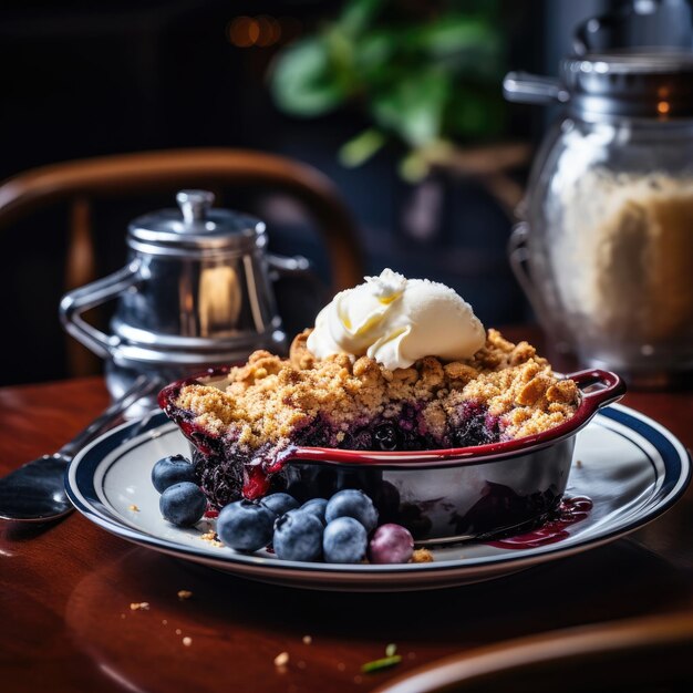 美味しくて美味しいアイスクリーム付きのブルーベリー・クランチ・ダンプ・ケーキ