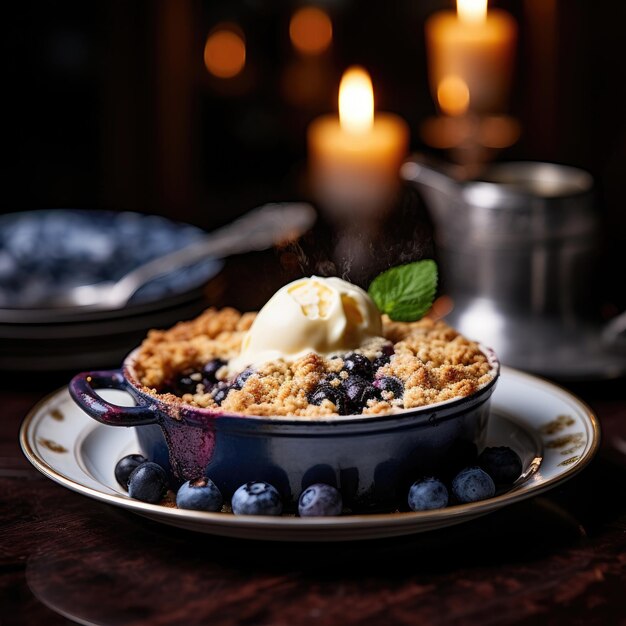 Photo delicious and yummy blueberry crunch dump cake with ice cream