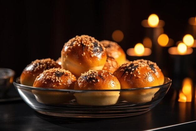 Delicious zoete broodjes in een schaal en decor op tafel tegen zwarte achtergrond met wazige lichten