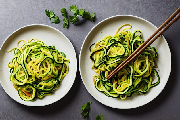 Delicious zucchini pasta of gentle green color on gray brown table