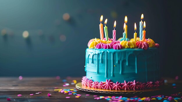 A deliciouslooking blue birthday cake with colorful frosting and candles sits on a wooden table