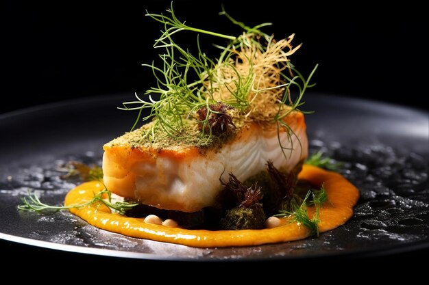 Deliciously Artful Showcasing Gourmet Fried European Skrei Cod Fish Filet with Glasswort Fungi an