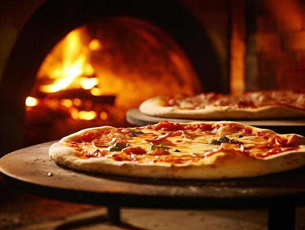 Deliciously Baked Pizzas on Sizzling Pans by a Cozy Fire Generated by AI