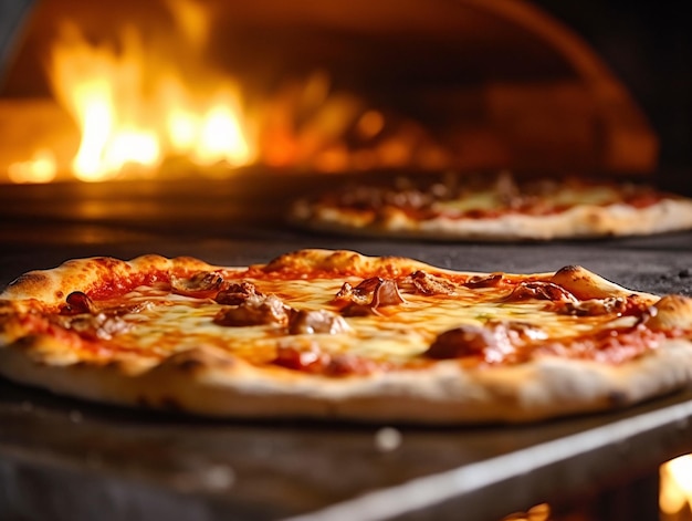 Deliciously Baked Pizzas on a Tray Gently Toasted by a Cozy Fire Generative AI