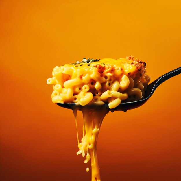 Deliciously cheesy macaroni and cheese spooned with a fork generative ai