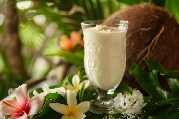 Photo deliciously creamy coconut milk fills a glass to the brim