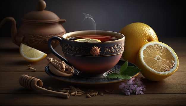 Deliciously fragrant tea with a dish of lemons