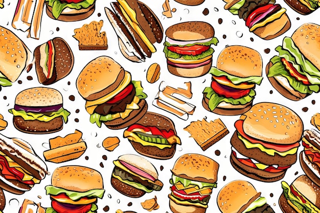 Foto deliziosamente divertente hamburger a bassa densità doodle modello senza cuciture generative ai