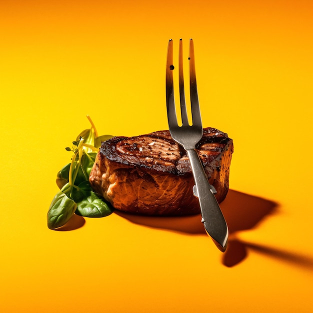 Foto deliciously grilled steak met een vork op vibrant yellow background generative ai enhanced