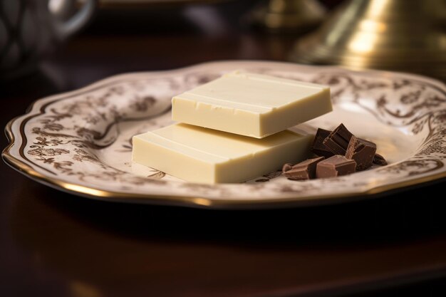 Deliciously Irresistible A Captivating Snapshot of a White Chocolate Bar Gracefully Resting on a Ce