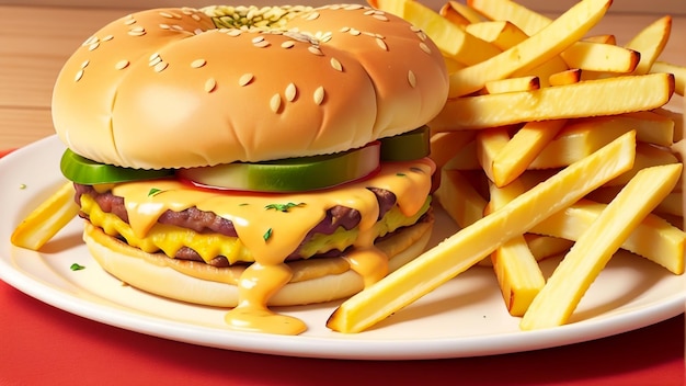 Deliciously juicy cheese burger topped with melted cheese with crispy golden french fries