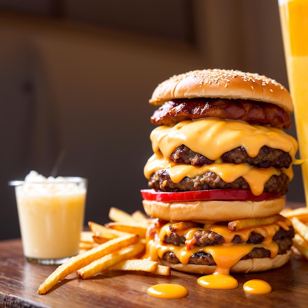 Deliciously juicy cheeseburger topped with melted cheese with crispy golden french fries