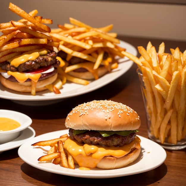 Deliciously juicy cheeseburger topped with melted cheese with crispy golden french fries