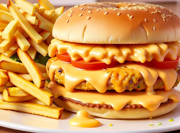 Deliciously juicy cheeseburger topped with melted cheese with crispy golden French fries