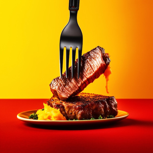 Deliciously juicy steak with a fork stuck in it on a plate generative ai