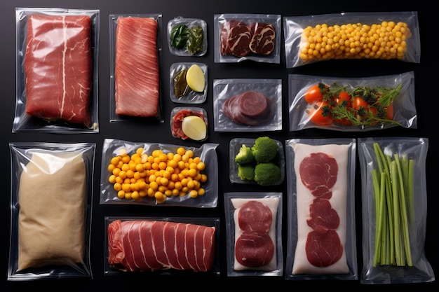 Photo deliciously organized a vibrant flat lay of vacuumsealed food packs on a stylish dark grey table