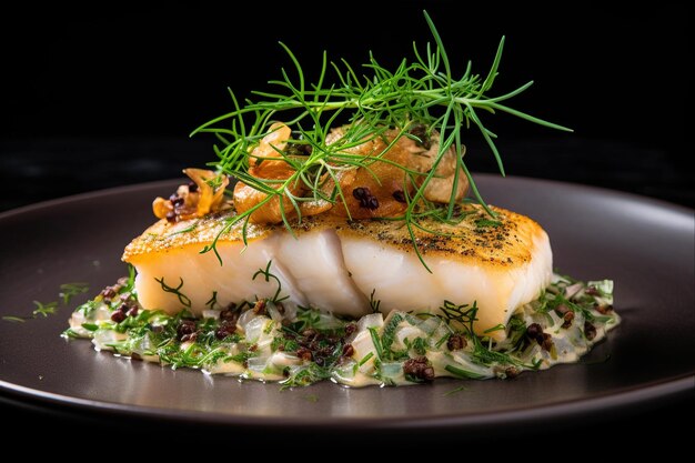 Photo deliciously plated gourmet fried european skrei cod fish filet with glasswort fungi and algae a