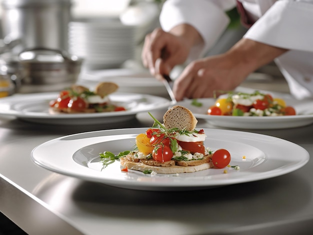 Deliciously Prepared Gourmet Dishes on Kitchen Counter with Skilled Chef in Background Generative AI