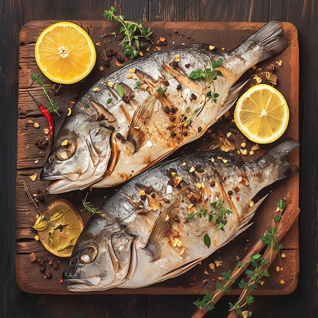 Deliciously roasted dorado fish with spices and herbs on wood For Social Media Post Size