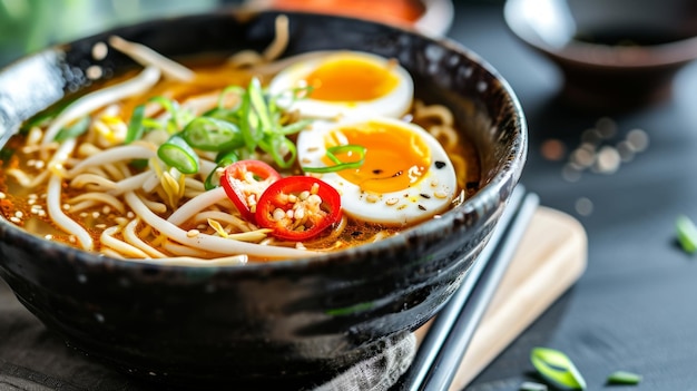 Deliciously Spicy Flavorful Black China Bowl Noodles Fiery Chillis and Perfectly Poached Egg an