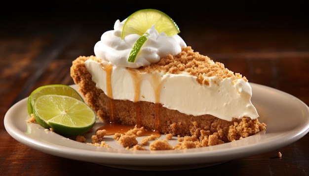 Вкусный, кислый и кремовый пирог из лайма на деревянном фоне, идеальный для любителей десертов.