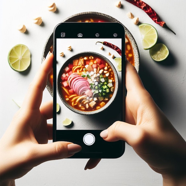 Photo deliciousness of pozole a mexican soup from a topdown angle with a white background