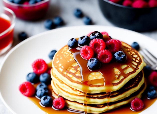 Deliciuos-pannekoek met vers fruit op wit