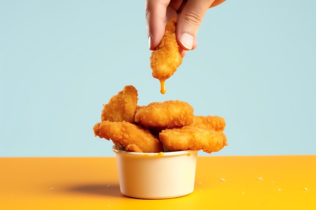A delicius chicken nuggets with female hand