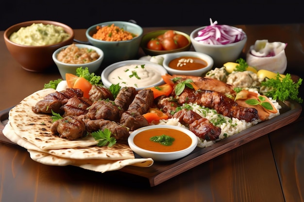 Delicius 음식 중동 아랍어 또는 지중해 저녁 식사 테이블