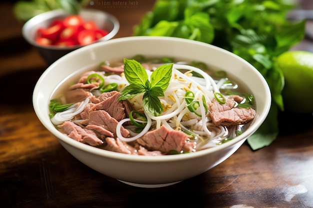 Photo a delicius pho bo vietnamese soup with beef and lime asian food national cuisine