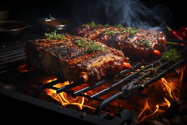 a delicius pork steak in the grill with fire