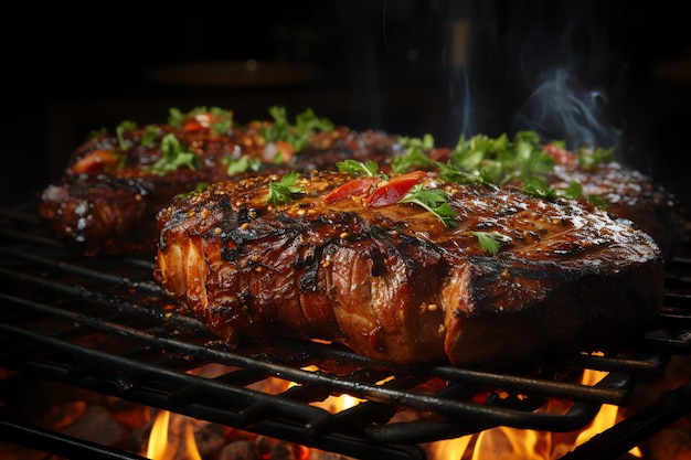 a delicius pork steak in the grill with fire