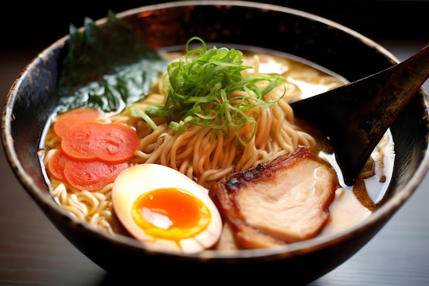 Foto un delizioso ramen con uova di maiale e manzo