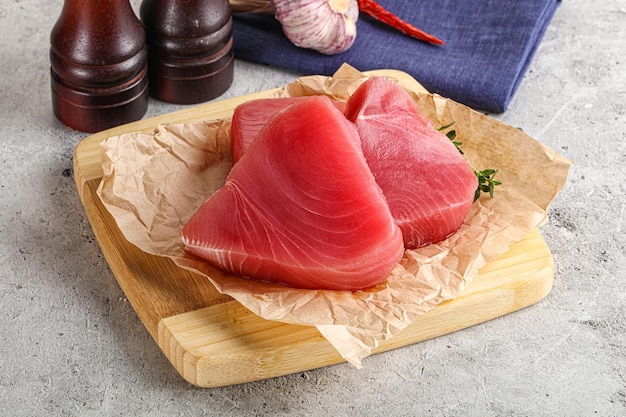 Delicous raw tuna steak for cooking over board